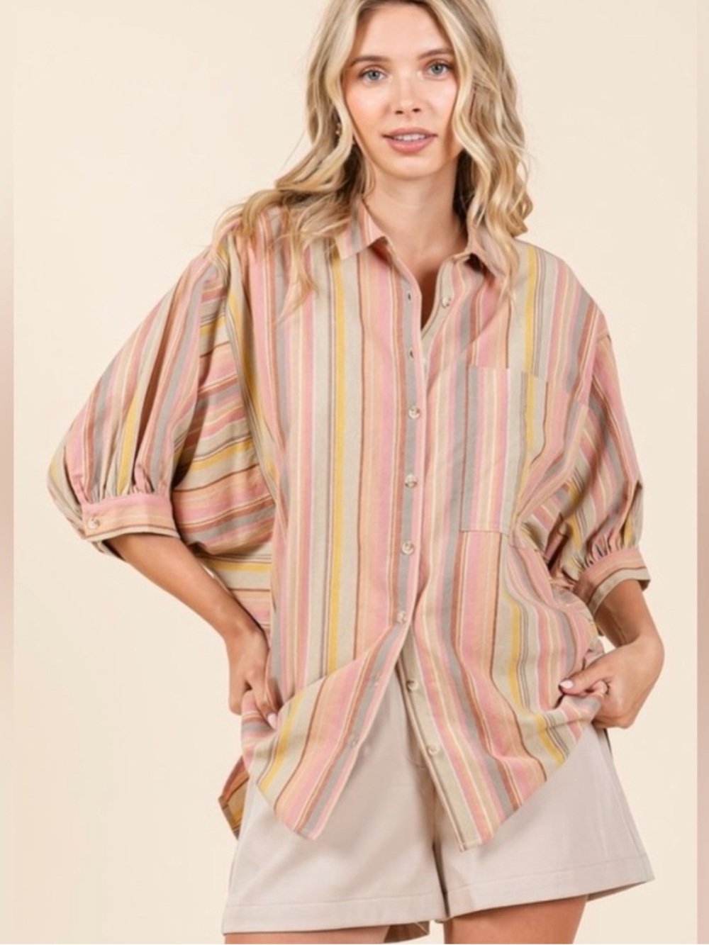 Mittoshop Striped Bubble Sleeve Button Down Shirt